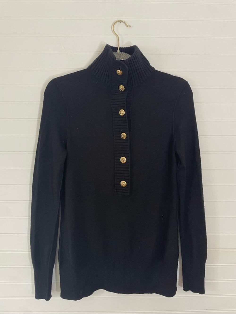 TORY BURCH Women's Black Wool/Cashmere Mock Neck Sweater Small Gold Logo Buttons